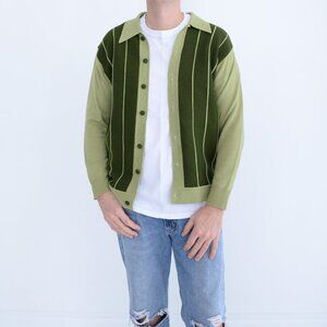 Vintage '60S Limited Edition Green Stripe Fine Knit Collard Button Down Cardigan